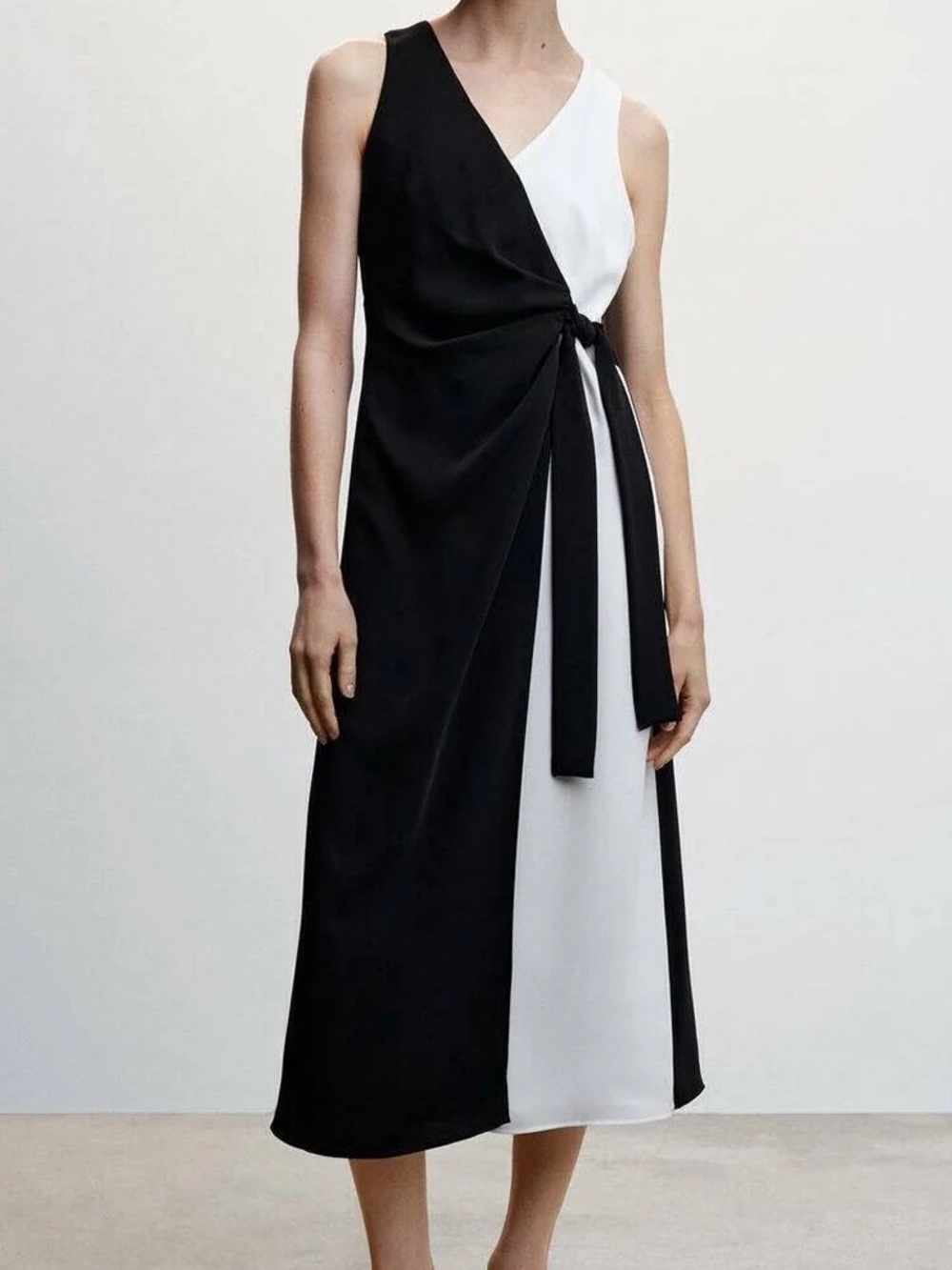 Mango One-Shoulder Black and White Wrap Maxi Dress